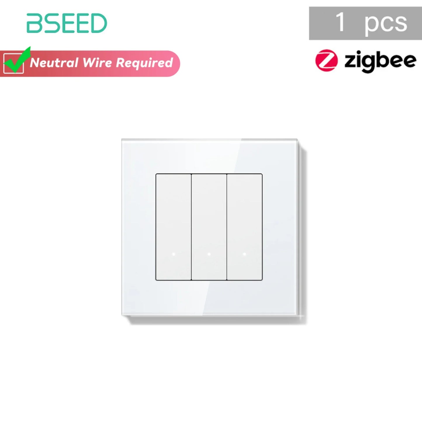 Bseed Zigbee Button Switchs Need Neutral Wire Tuya Smart Life Alexa App Control Glass Frame 86*86mm White Light Switch