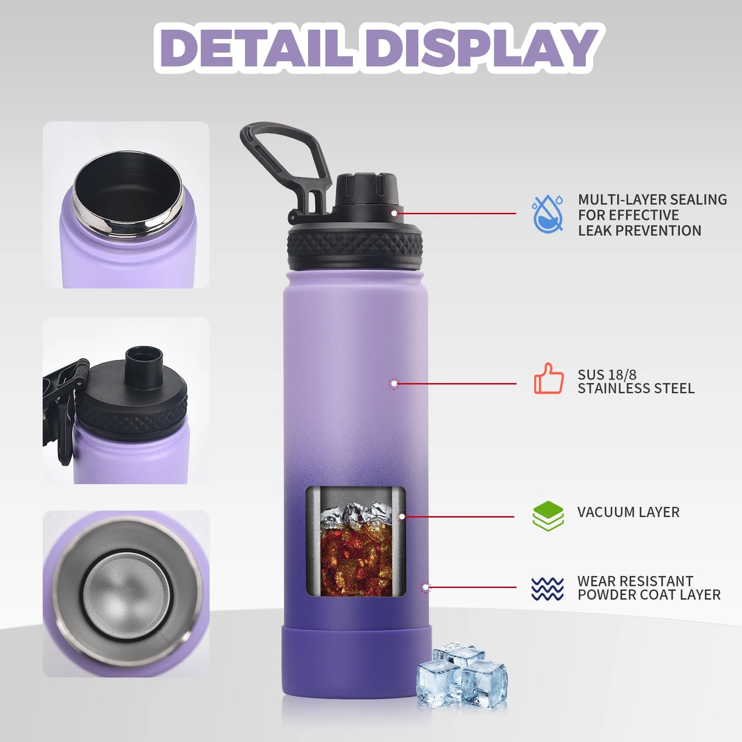 WATERSY 650ml Double Wall Thermal Bottle Stainless Steel Insulated Bottle with Handle Sports Water Bottle Vacuum Flask Keep Cold