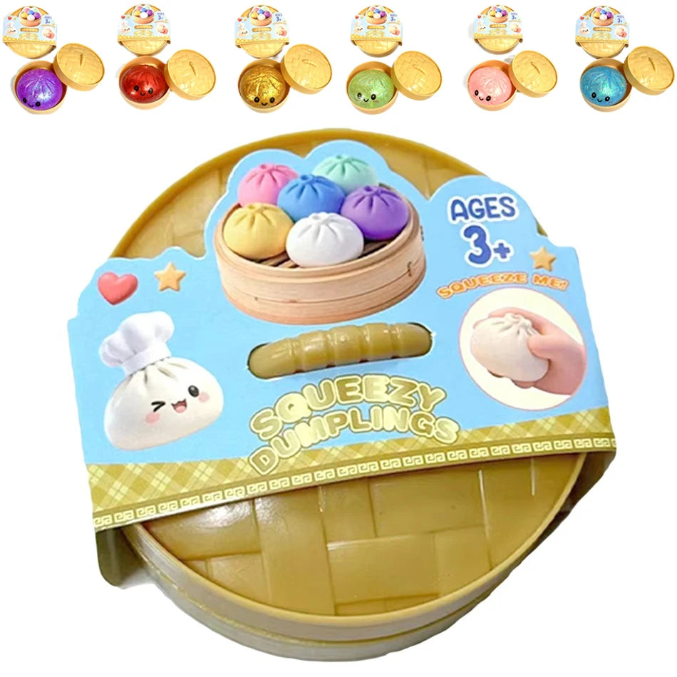 Colorful Dumpling Squishes Stress Balls Fidget Sensory Toys Simulation Food Squishies Bun with Steamer Squeeze Dough Ball Gifts
