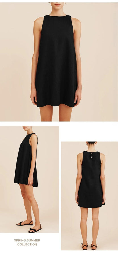 Classic Solid Color Cotton-Linen Women's Dress New Arrival Simple Sleeveless Tank Dress Casual Round-Neck Summer Dresses