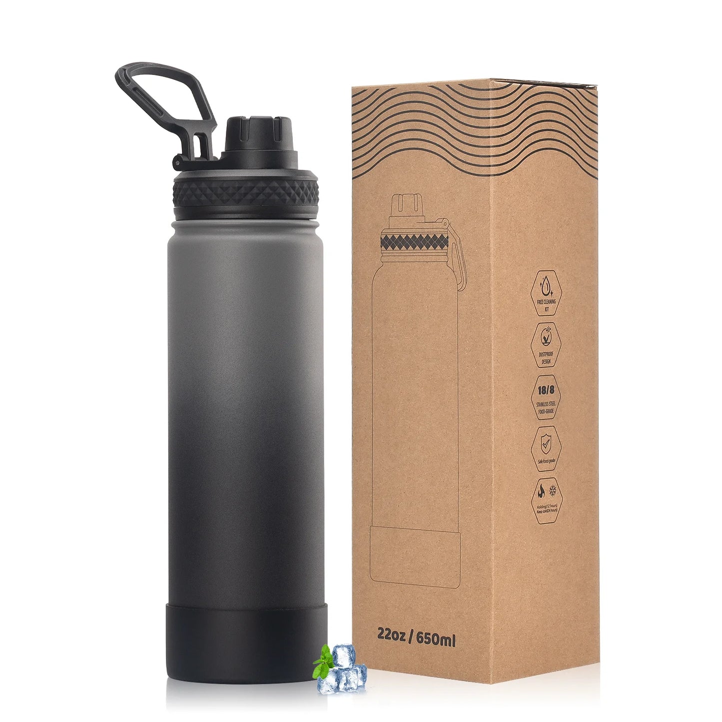 WATERSY 650ml Double Wall Thermal Bottle Stainless Steel Insulated Bottle with Handle Sports Water Bottle Vacuum Flask Keep Cold