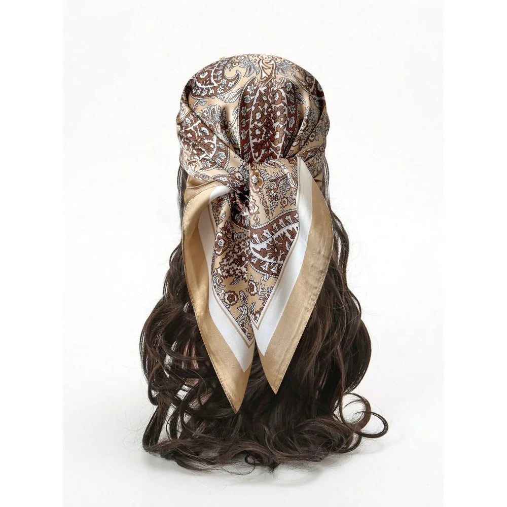 New Luxury Print Imitation Silk Square Scarf Thin Vintage Headkercheif Hijab Foulard Bandana Hair Scarf Headband Women