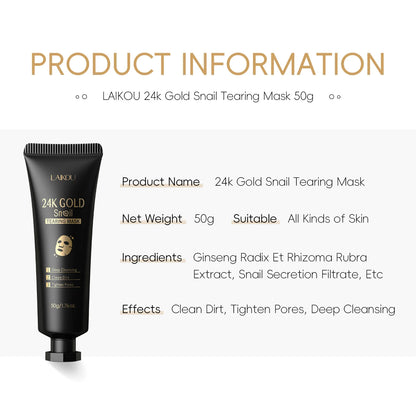 LAIKOU 24K Gold Snail Collagen Peel Off  Tearing Face Mask Deep Cleansing Remove Blackhead Face Care 50g