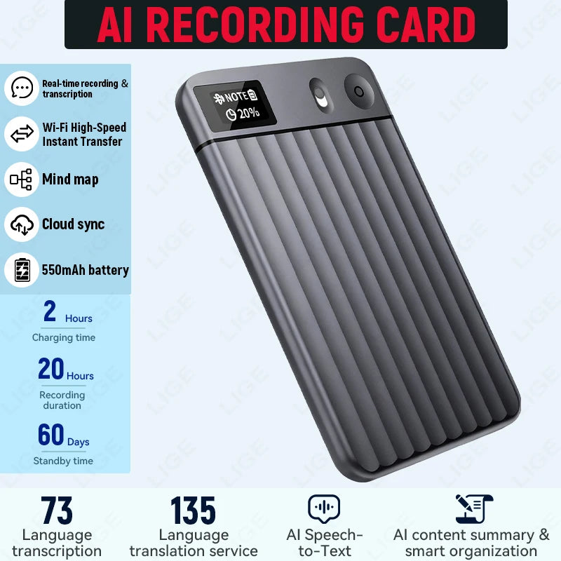 LIGE AI Voice Recorder GPT Intelligent APP Control Audio Mind Map Real Time Transcription Translate Summary Phone Call Recording