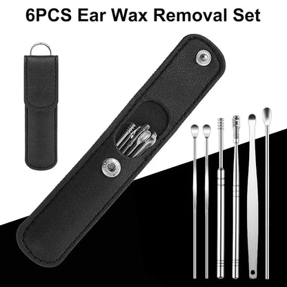 6Pcs/Set Stainless Steel Ear Cleaner Portable Ear Spoons Spiral Earwax Cleaning Removal Tools Reusable Earpick Beauty Accessory