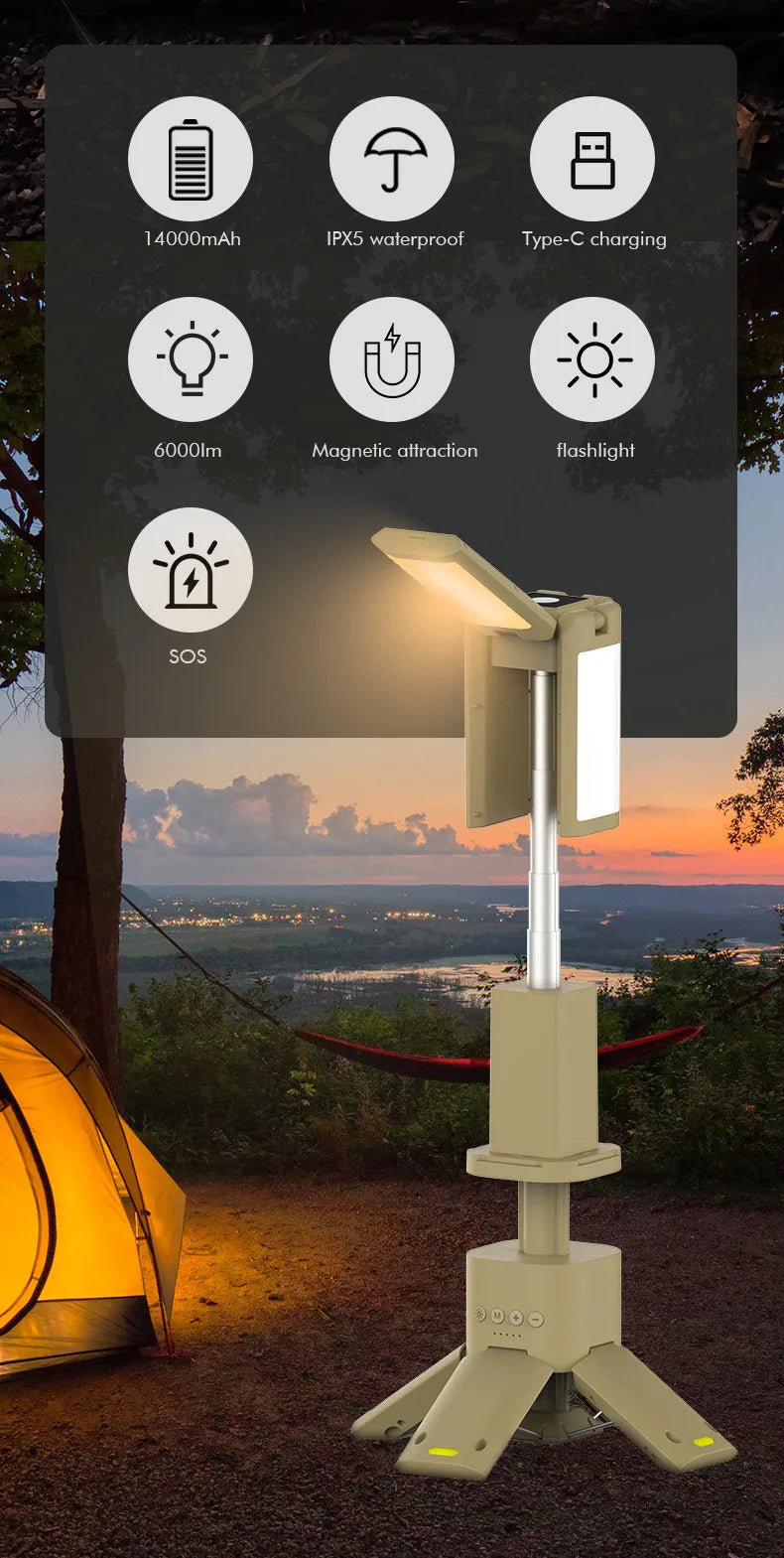 14000mAh Rechargeable Outdoor Hiking Fishing Tent Lamp Super Bright Magnetic Rotatable Telescopic LED RV Camping Lantern