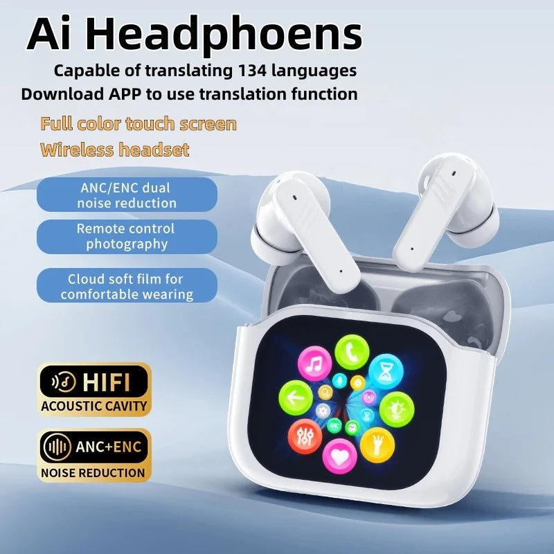 AI Translator Bluetooth Earbuds, LCD Touch Screen TWS Headset with Noise Reduction & Noise Canceling, Wireless Travel Headphones