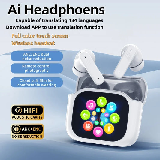 AI Translator Bluetooth Earbuds, LCD Touch Screen TWS Headset with Noise Reduction & Noise Canceling, Wireless Travel Headphones