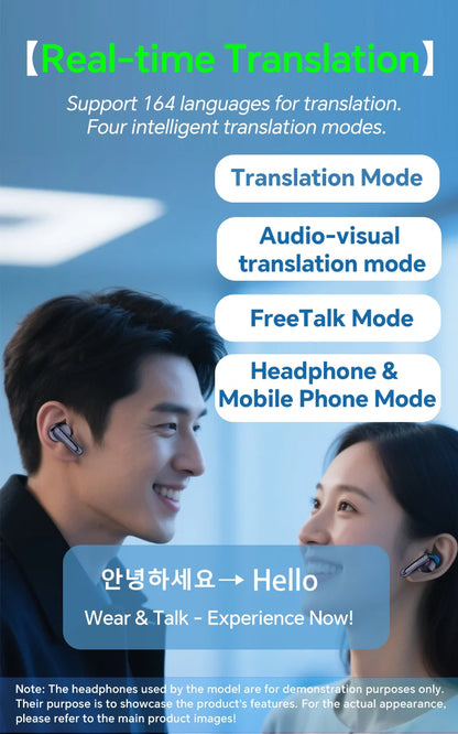 A80 Newest AI Translation Headphones Wireless Bluetooth 6.0 Earbuds 164 Languages Real-Time Translator Noise Cancelling