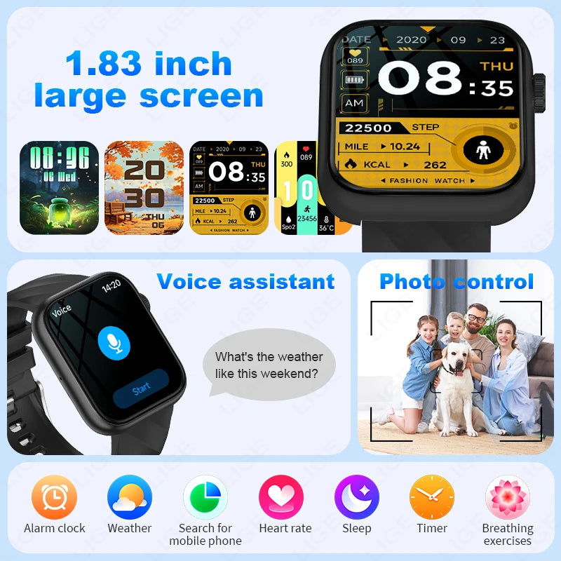 Smartwatch 1,83 cala dla mężczyzn i kobiet, dotykowy ekran, sportowy zegarek fitness, połączenia Bluetooth, cyfrowy smartwatch, wodoodporność IP68