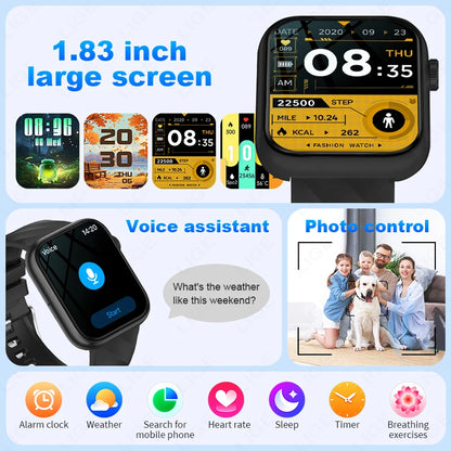 Smartwatch 1,83 cala dla mężczyzn i kobiet, dotykowy ekran, sportowy zegarek fitness, połączenia Bluetooth, cyfrowy smartwatch, wodoodporność IP68