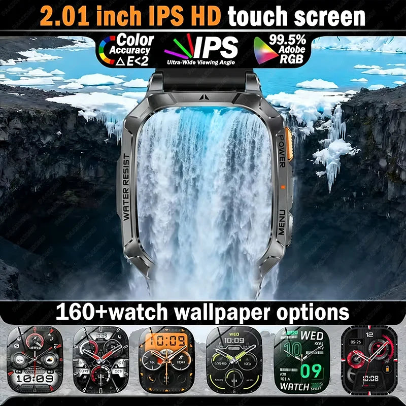 New Rugged Military Smart Watch Men 1400 mAh battery 2.01inch Bluetooth Call Health monitoring device LED flashlight Smart watch