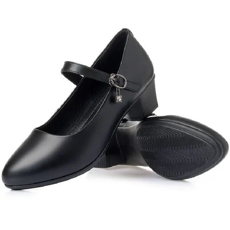 2025 New Women's Medium Heel Pumps - Soft Leather Non-Slip with Adjustable Buckle, Comfortable for Daily & Casual Wear