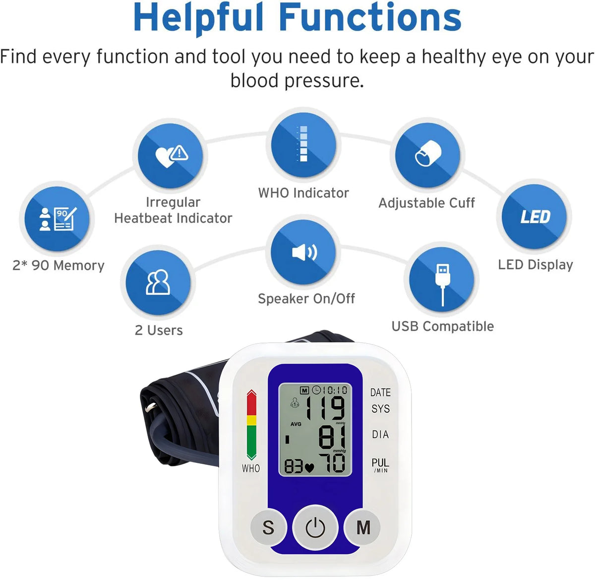 Digital Blood Pressure Monitor BP Automatic Tensiometer Upper Arm Cuff Home Medical Sphygmomanometer with Memory