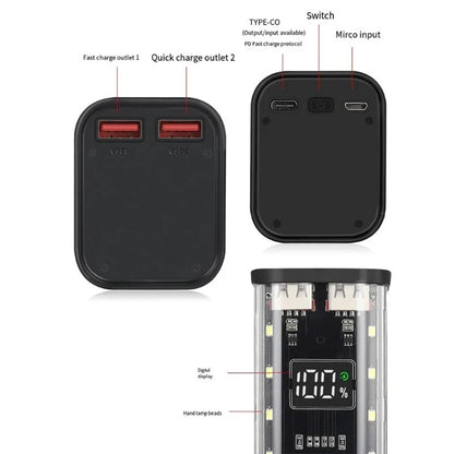 Transparent Shell 18650 Power Bank Case 22.5W Fast Charging LED USB C Micro USB Port Battery Storage Box For iPhone Huawei OPPO