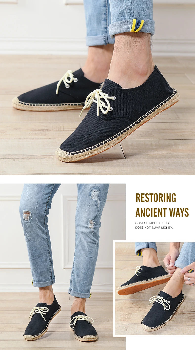 Male Casual Canvas Hemp Insole Fisherman Light Shoes Ethnic Style Men Espadrille Flats Shoes Summer Casual Shoes Driving Shoes