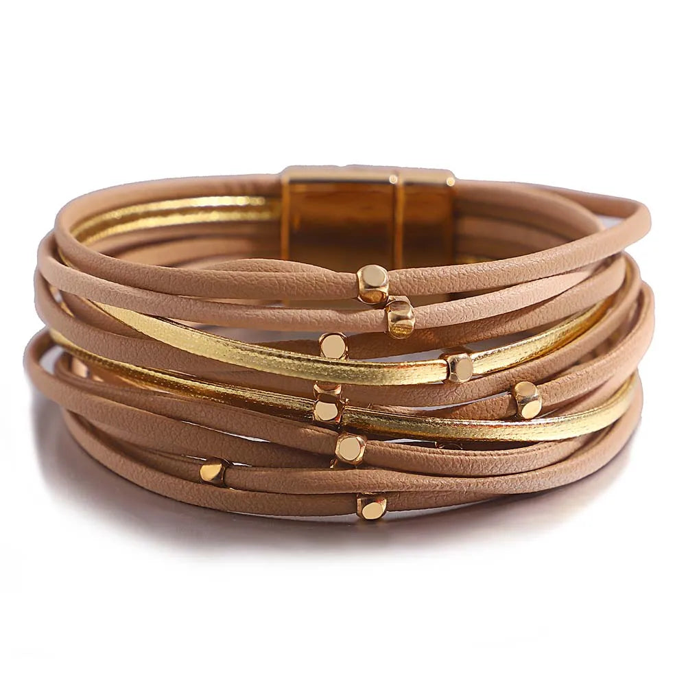 ALLYES Charm Triple Color Leather Bracelet for Women Bohemian Metal Beads Multilayer Thin Strip Wrap Bracelets Fashion Jewelry