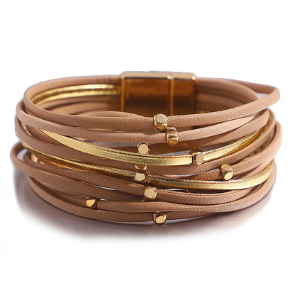 ALLYES Charm Triple Color Leather Bracelet for Women Bohemian Metal Beads Multilayer Thin Strip Wrap Bracelets Fashion Jewelry
