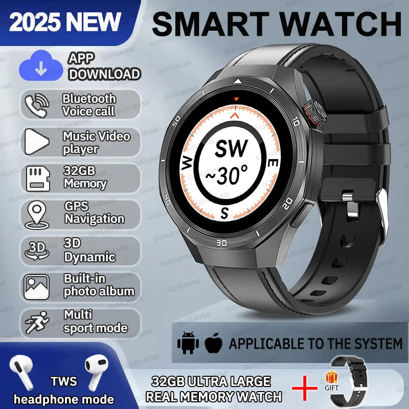 2025 NEW Fashion Men 32GB Big Memory SmartWatch APP Download TWS 3D Menu GPS Navigation Video Play Motion HD Call Watch GUHUAVMI