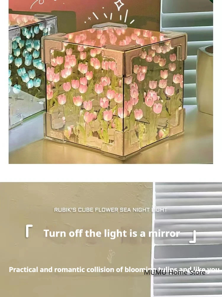 DIY 3D Cloud Tulip LED Night Light Flower Sea Mirror Table Lamps Cube Mirror Atmosphere Night Light Bedroom Decor Table Lamp