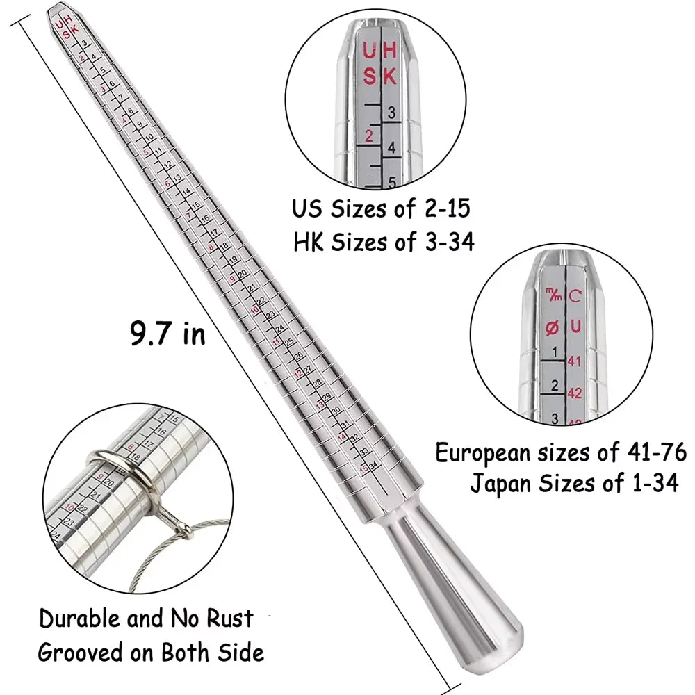 4 Scale Ring Sizer Gauge US/EU/HK/JP Aluminum Alloy Finger Measuring Tool for Jewelry Making Men and Women