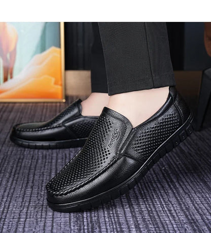 Men's Slip-On Loafers Summer Hollow Out Breathable Casual Shoes Comfortable Soft Sole Anti-Slip Leather Shoes-8822