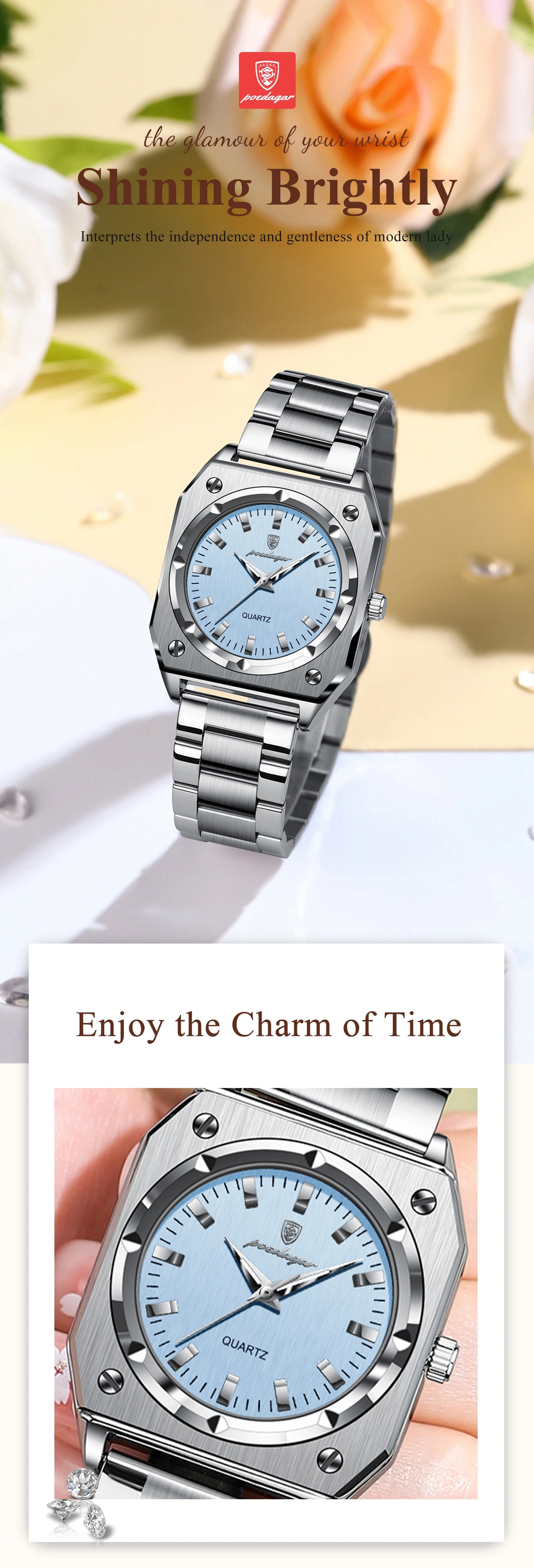 POEDAGAR Square Luxury Ladies Watch Waterproof Stainless Steel Luminous Fashion Woman Watch Elegant Quartz Women's Watches Reloj