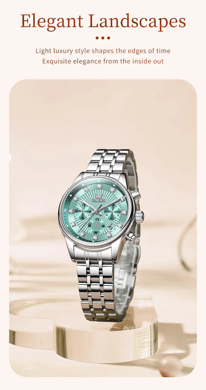 OLEVS 3669 Original Chronograph Quartz Wristwatch for Lady Calendar Waterproof Steel Strap Elegant Dress Women's Watches