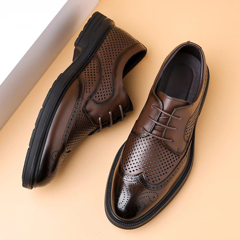 Summer New Leather Shoes Men's Business Hollow Holes Soft Bottom Men's Sandals Formal Wear Breathable Office Dress Shoes for Men