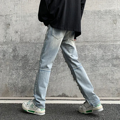 Men Summer Big Ripped Tassel Fashion Jeans Male Breathable Streetwear Baggy Hip Hop Distressed Denim Pants Y2k Goth Trouser