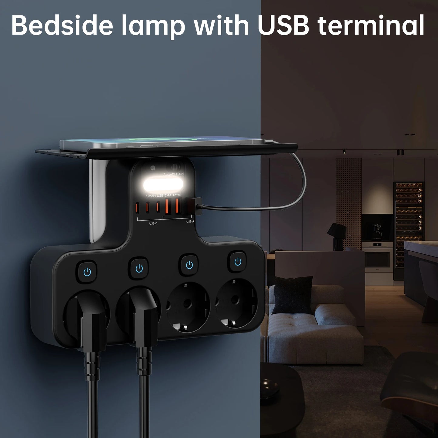 4000W Eu Plug Power Strip Multifunction Socket Smart Night Light Independent Switch European Standard Outlet with USB C Ports