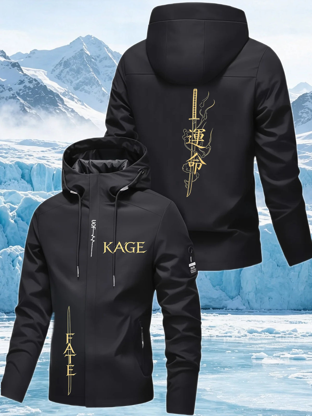 Men's Katana "Unmei" Print Hooded Jacket – Outdoor Windbreaker, Waterproof & Windproof, Spring/Autumn Workwear Coat