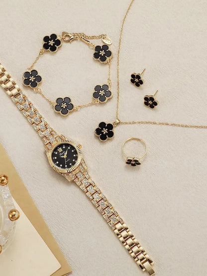 Luxury Gold Crystal Watch Black Clover Jewelry Set | Round Dial | 5-Piece Floral Gift Set for Women