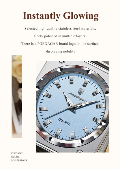 POEDAGAR Square Luxury Ladies Watch Waterproof Stainless Steel Luminous Fashion Woman Watch Elegant Quartz Women's Watches Reloj