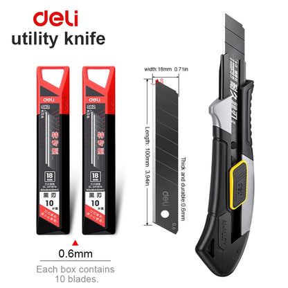 Pro Aluminum Cutter 18mm SK2 Black Blade Thick 0.6mm Rubber Grip Sharp Box Knife + 10pcs Blades Set Heavy Duty DIY Tool