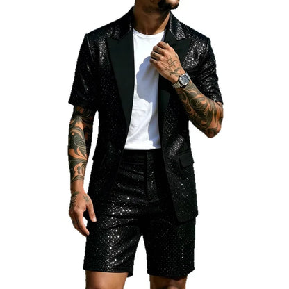 KIDWHXR Man Summer 2-piece Outfit Patchwork Short Sleeve Blazer Male Straight-leg Shorts Men Sequins Wedding Party Suit Set