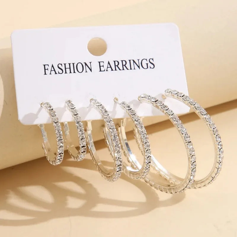1-3 Pairs Set Sparkling Exaggerated Full Paved Rhinestones Round Circle Hoop Earrings for Women Simple Shiny Earring Jewelry