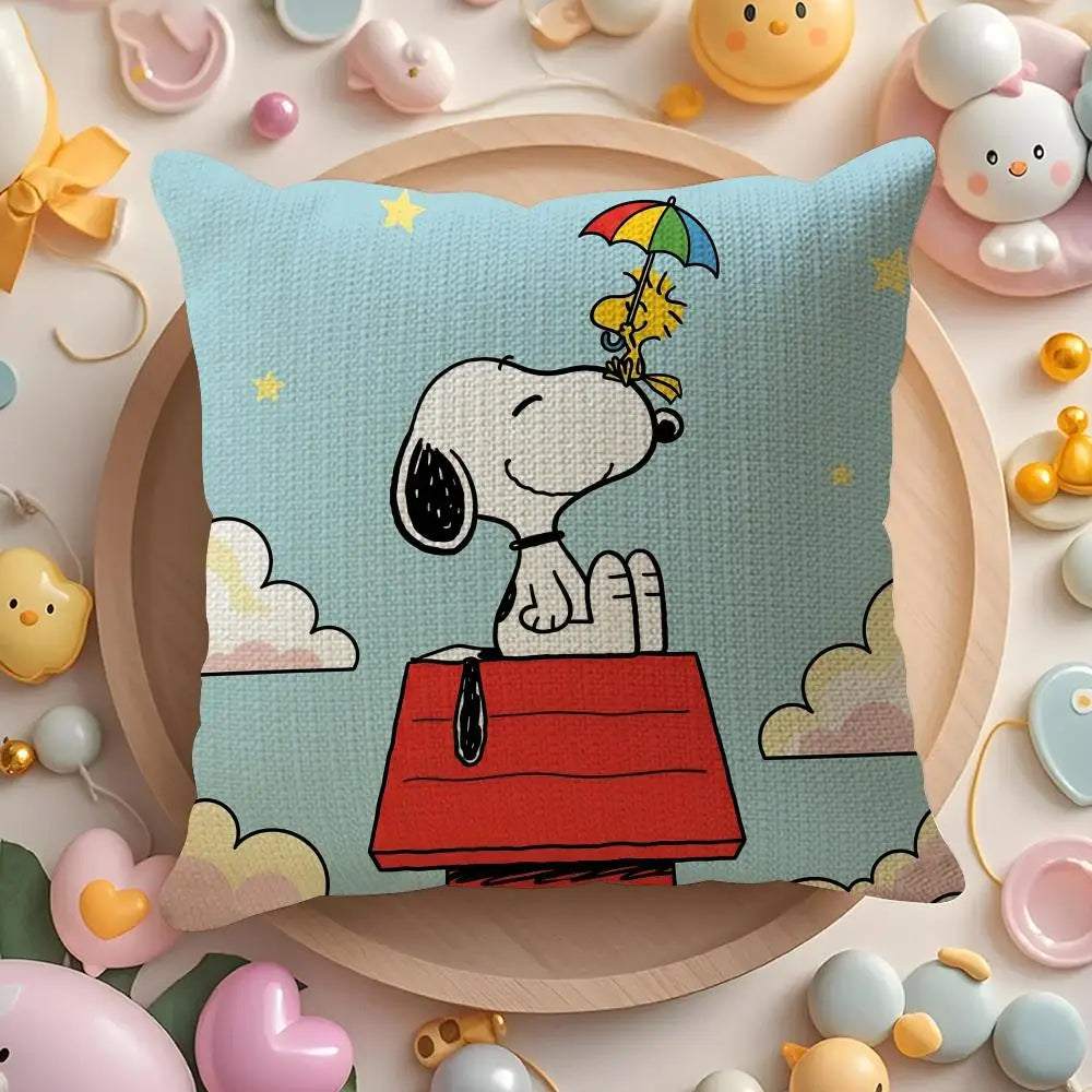 Cute Snoopy Pillow Case Natural Linen Organic Fabric Double-Sided Printing Sofa Home Decor Gift Cushion Cover