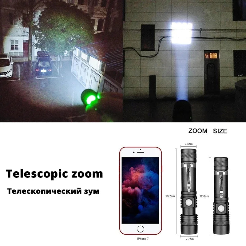 Aluminum Alloy Portable Torch Powerful LED Flashlight USB ReChargeable Outdoor Tactical Zoom Camping Waterproof Flash Light