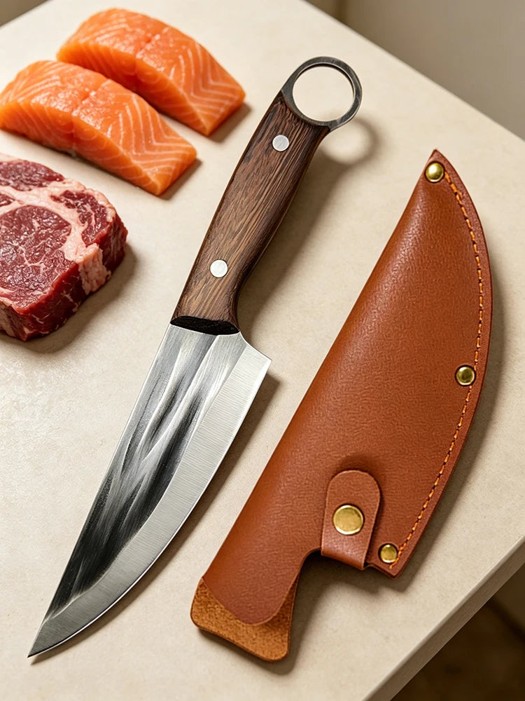 Kitchen Chef Knife with Sheath Meat Cleaver Boning Slicing Sushi Fish Beef Cutting, Wood Handle ﻿