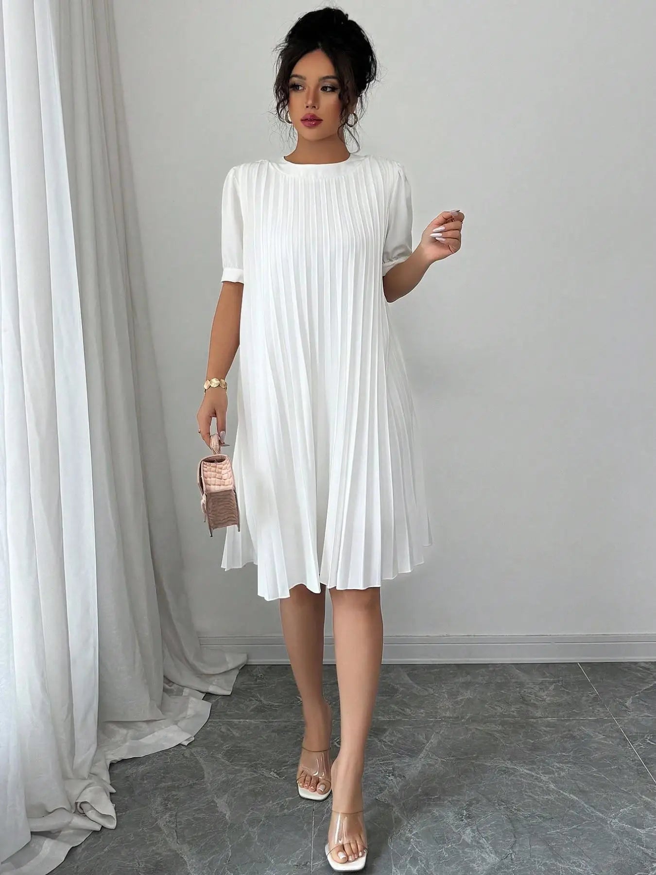 Women's Pure-Color Pleated Puff Sleeve Midi Dress - Elegant Round Neck Loose A-Line Swing Dress for Office, Casual Daily Holiday