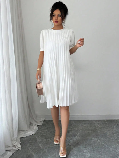 Women's Pure-Color Pleated Puff Sleeve Midi Dress - Elegant Round Neck Loose A-Line Swing Dress for Office, Casual Daily Holiday