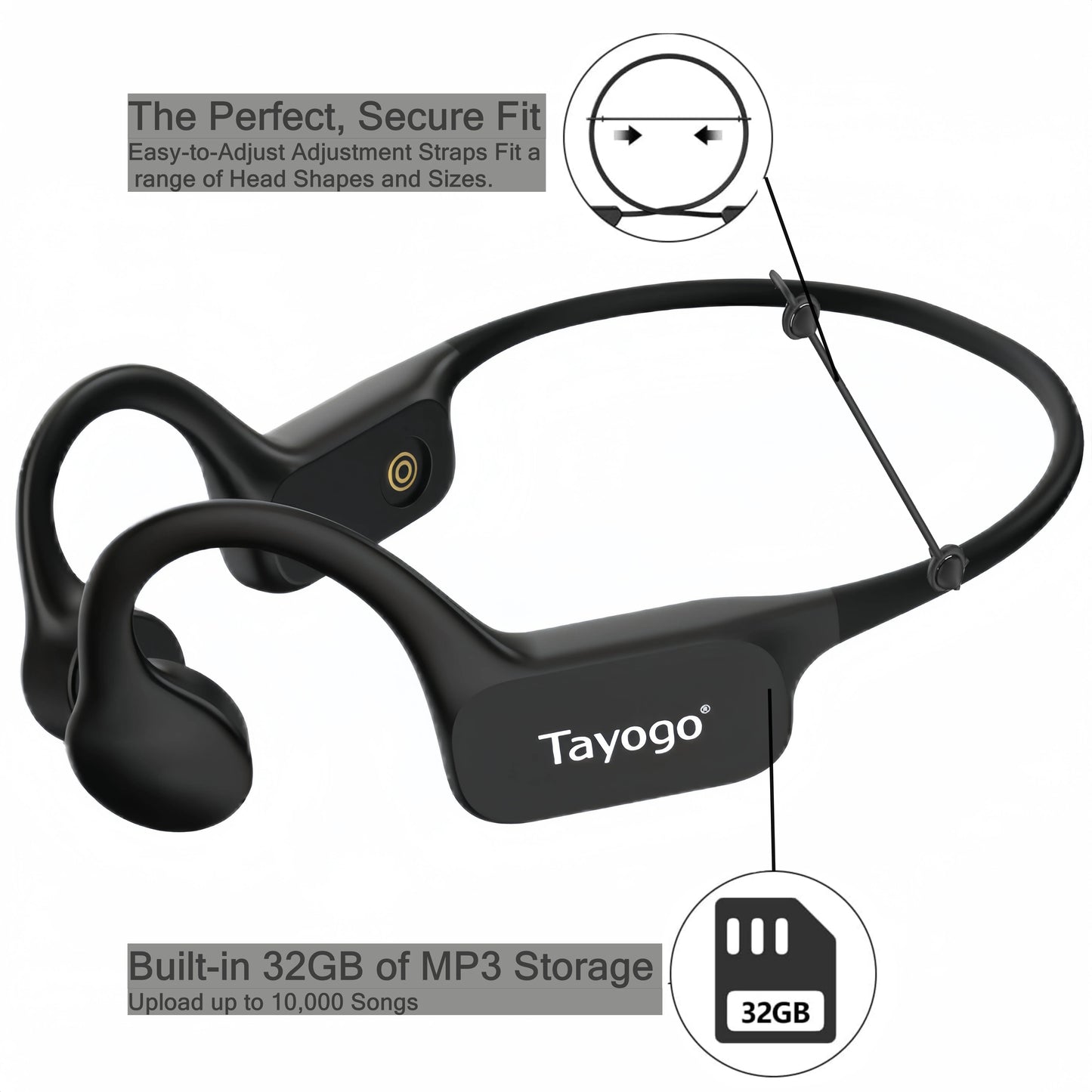 Słuchawki pływackie Tayogo Bone Conduction, Bluetooth 5.3, IP68 Wodoodporne słuchawki douszne MP3 z otwartą konstrukcją do pływania, pamięć 32 GB