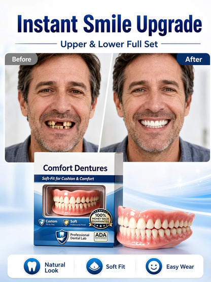 Full Mouth Silicone Dentures Upper And Lower Fake Teeth Natural Looking Comfortable Fit Removable False Teeth For Daily Wear