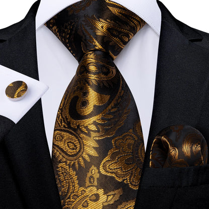 Luxury Black Gold Paisley Striped Floral Silk Men's Tie Set Handkerchief Cufflinks Wedding Party Accessories Groom Gift for Men