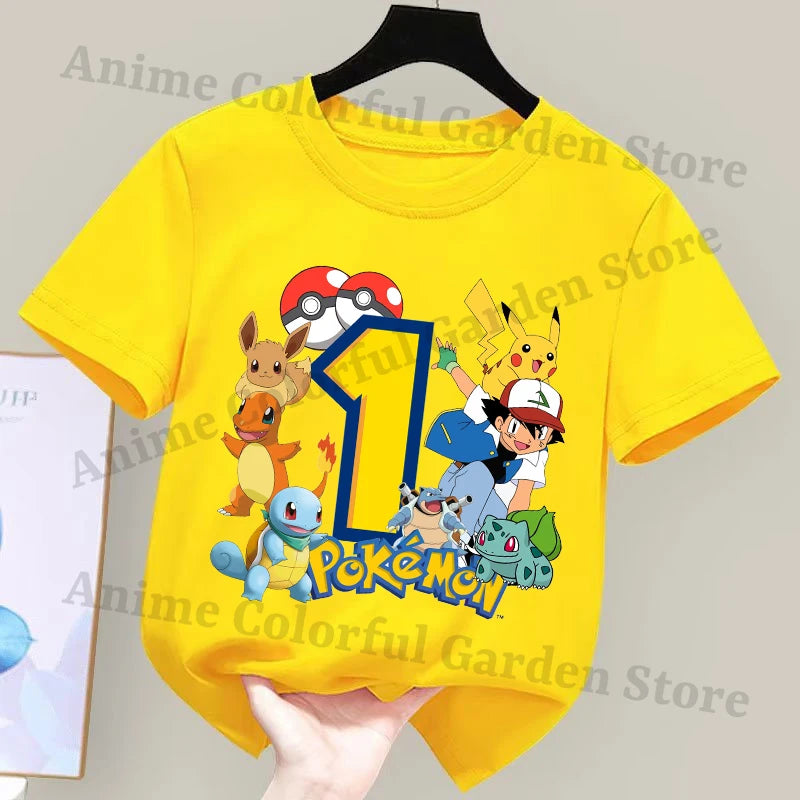 Anime Pokemons Number Printed T-shirts for Boys Girls Pikachu Cartoon Cute Short-sleeved Top Children Summer Fashion T-shirt
