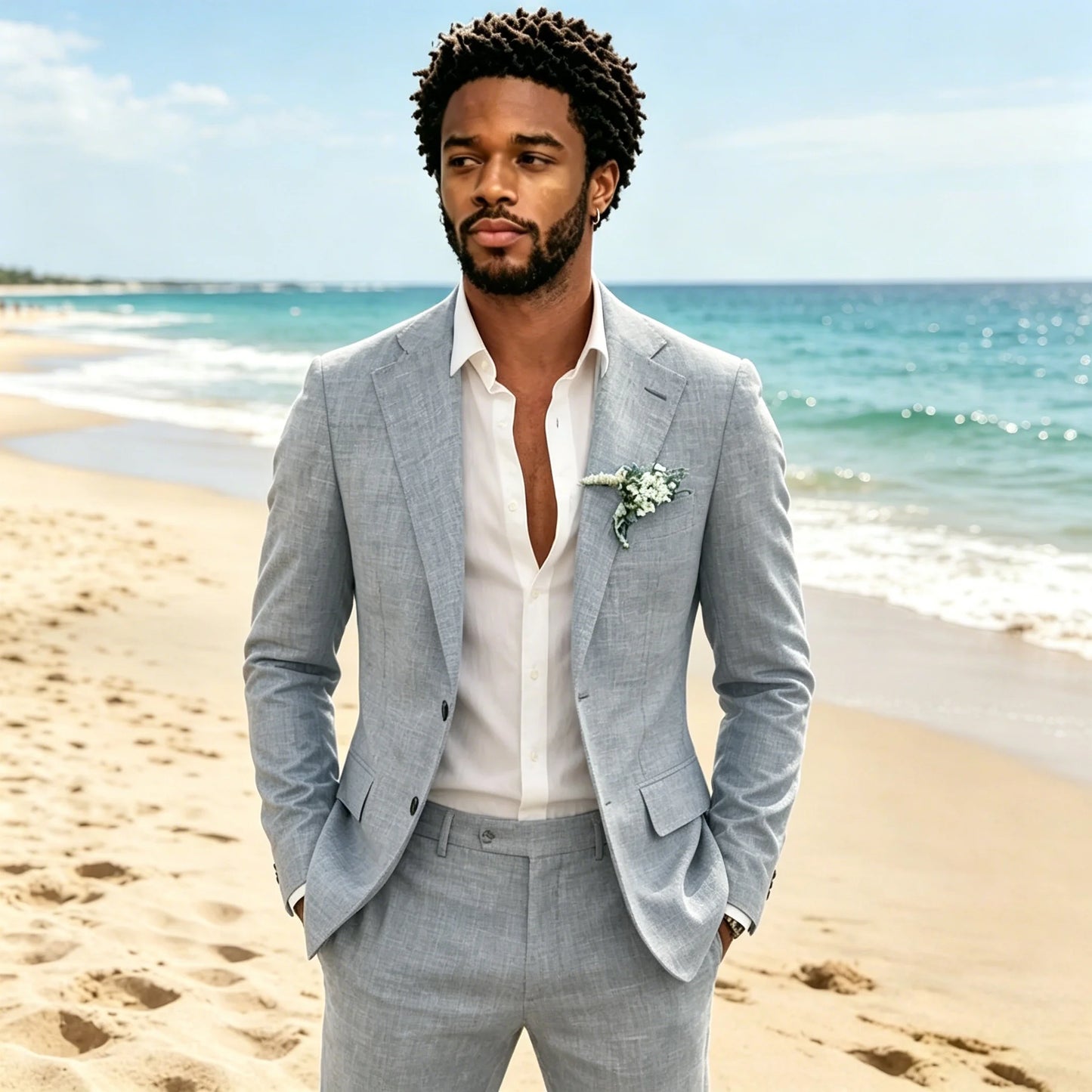 Sky Blue Linen Causal Men Suits for Beach Party Business Two Pieces Wedding Tuxedos Set Notched Lapel Suit Jacket Pants