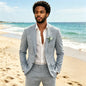 Sky Blue Linen Causal Men Suits for Beach Party Business Two Pieces Wedding Tuxedos Set Notched Lapel Suit Jacket Pants