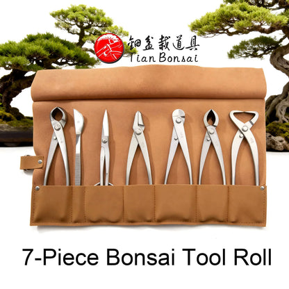 TianBonsai NBK-07/NMK-07 7-piece bonsai tool set leather storage roll bag for bonsai pruning, shaping and maintenance