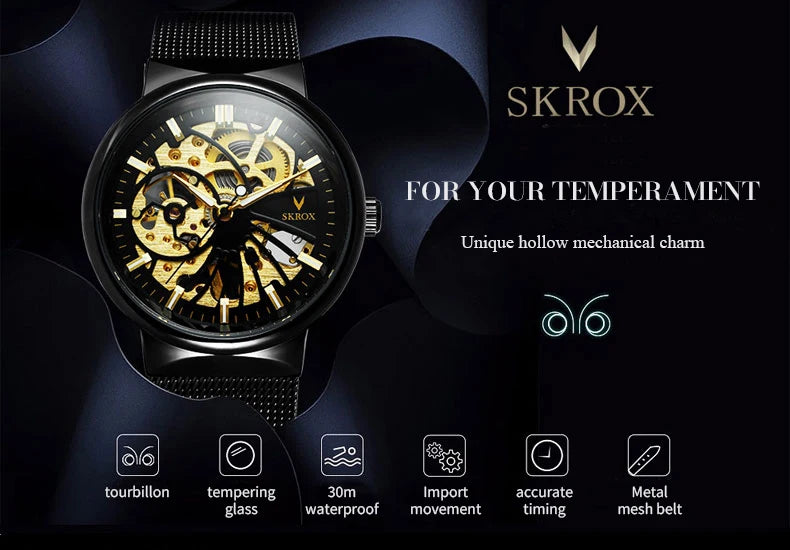 SKROX Luxury Brands Fashion Man Wrist Watches Steel Skeleton Ultra Thin Mechancical Clock Mesh Strap Waterproof Manual Movement